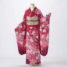 【中古】【購入品】振袖 フルセット Mサイズ 花柄 赤・ワイン系 成人式 リユース 状態:A 販売 良品 美品 結婚式 卒業式 結納 16375