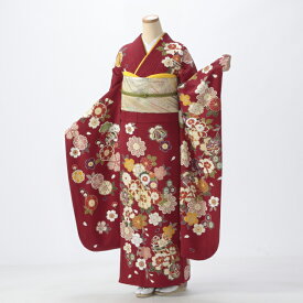 【中古】【購入品】振袖 フルセット Lサイズ 古典柄 赤・ワイン系 成人式 リユース 状態:A 販売 結婚式 卒業式 結納 着物