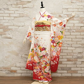 【中古】【購入品】成人式 振袖 フルセット 正絹 白・グレー系 花柄 Mサイズ リユース 状態:A 販売 アウトレット 結婚式 卒業式 振袖セット 86556