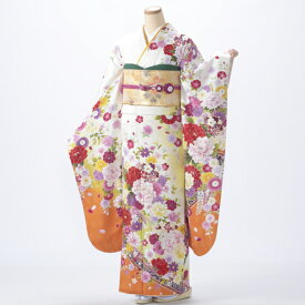 【中古】【購入品】振袖 フルセット Mサイズ 花柄 成人式 着物 振袖フルセット 白・グレー系 リユース 状態:A 販売 正絹 振り袖 卒業式 86686