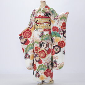 【中古】【購入品】振袖 フルセット Mサイズ 古典柄 成人式 着物 振袖フルセット 白・グレー系 リユース 状態:S 販売 正絹 振り袖 卒業式 80037