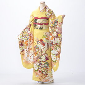 【中古】【購入品】振袖 フルセット Mサイズ 花柄 成人式 着物 振袖フルセット からし・黄系 リユース 状態:A 販売 正絹 振り袖 卒業式 36713