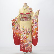 【中古】【購入品】振袖 フルセット Lサイズ 花柄 からし・黄系 成人式 リユース 状態:A 販売 結婚式 卒…