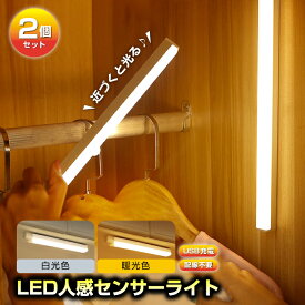 【2点購入で500円OFF】人感センサーライト 2個セット 室内 廊下 USB 充電 LED 明るい 玄関 照明 寝室 階段 夜間ライト 20cm マグネット