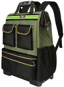 ANZOBEN 工具バッグ 工具リュック ツールバッグ 工具入れ バッグ 大容量 リュック 工具袋 工具用道具袋 底板付き 反射ストリップ付き 作業用・大工用・アウトドア用(グリーン)