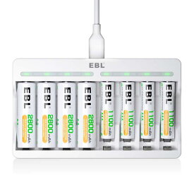 EBL 充電池充電器セット 急速充電器+単3電池（2800mAh*4）+単4電池（1100mAh*4）パック LED搭載充電器 8スロット独立充電機能 単三単四ニッケル水素/ニカド充電池に対応 電池収納ケース付き