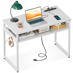 ODK 机 pcデスク パソコンデスク 幅80cm ゲーミングデスク 収納付き コンセント付き 勉強机 computer desk ?子 ワークデスク ??? フック2個付き コンパクト テレワーク用 省スペース 組立簡単 白い