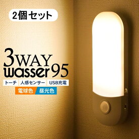 LEDセンサーライト 【2個セット】 人感センサーライト 足元灯 常夜灯 フットライト 足元灯 LED ライト センサーライト USB充電 おしゃれ ナイトライト 明暗センサー コンセント 壁付 小型 自動 室内 玄関 廊下 寝室 トイレ 防犯 防災グッズ 停電 地震対策 wasser95 直送