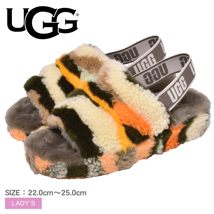 アグ フラッフ イヤー スライド カリ コラージュ UGG ファーサンダル レディース ブラウン ベージュ オレンジ マルチカラー FLUFF YEAH SLIDE CALI COLLAGE 1118164 靴 シューズ 室内 室外 ルームシューズ ルームスリッパ ボア - メイン画像 1