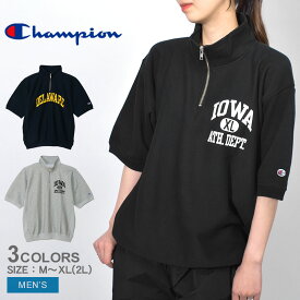 【店内全品★P2倍！】チャンピオン 半袖シャツ CHAMPION リバースウィーブ ハーフスリーブジップスウェットシャツ メンズ ブラック 黒 グレー C3-Z007 シャツ 半袖 ハーフジップ ファスナー ヘビーウェイト 10オンス 10oz ウエア トップス リラックスフィット