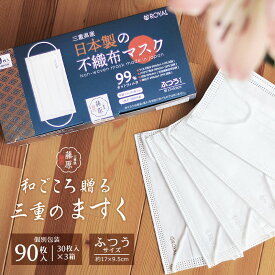 【店内全品★P5倍！】【90枚】日本製マスク 三重県産 不織布マスク 30枚×3箱 個包装 箱入り メンズ レディース ふつうサイズ 国産 使い捨て 使い切り 贈り物 敬老の日 痛くない 3層構造 ウイルス対策 新型 花粉 女性用 男性用 夏用 大人用 子供用 血色 立体 小顔|slz|