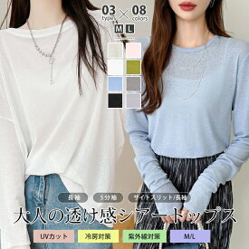 ＜1枚999円！3枚購入&クーポンで＞NEWタイプ追加！シアートップス 選べる3タイプ 五分袖 長袖 サイドスリット レディース tシャツ重ね着 レイヤード 無地 シアーロングT シアーTシャツ カットソー プルオーバー着回し 春 夏 秋 冬 大人 ギフト 20代 30代 40代 50代