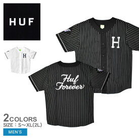 ハフ ベースボールシャツ メンズ フォーエバー ベースボール ジャージ HUF FOREVER BASEBALL JERSEY KN00340 ウエア トップス 半袖シャツ ストリート スポーティ ロゴ ストライプ アップリケ ヴィンテージ おしゃれ ブラック 黒 ホワイト