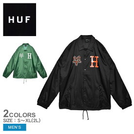 【店内全品P5倍★24日23:59迄】ハフ ジャケット メンズ SPLIT COACHES JACKET HUF JK00385 ウェア トップス 長袖 ロングスリーブ ストリート プリント アウター 羽織 コーチジャケット ロゴ ダブルジップ はっ水 撥水 ブラック 黒 グリーン 緑