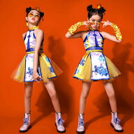 キッズ 子供用 ダンス 衣装 セットアップ(ワンピース+スカート+手袋) ヒップホップ ジャズ ダンス衣装 チ…