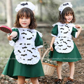 ハロウィン コスプレ 子供 仮装 衣装 キッズ ハロウィン 衣装 ウェイトレス ハロウィン 仮装 子供 半袖 ワンピース カチューシャ セット ハロウィン 衣装 女の子 ハロウィン仮装 コスプレ衣装 ハロウィン衣装 バット 衣装 グリーン