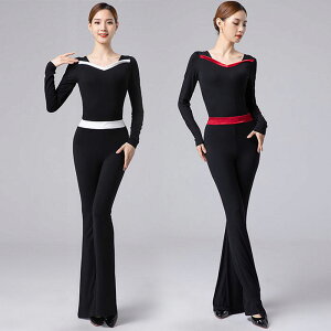 社交ダンス トップス パンツ レッスン着 セットアップ ブラック 黒 バレエレオタード風 長袖 トップス ストレッチパンツ ヨガパンツ ロング丈 ワイドパンツ フィットネス 美脚パンツ ヨガウ