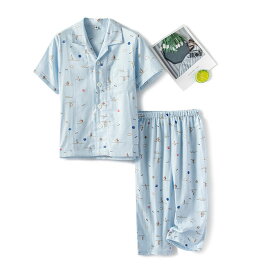 キッズ パジャマ 男の子 半袖 長袖 綿100% ガーゼ ルームウェア 110cm 120cm 130cm 140cm 150cm 160cm 春夏 夏 子供 総柄 かわいい おしゃれ 涼しい コットン ブルー ホワイト