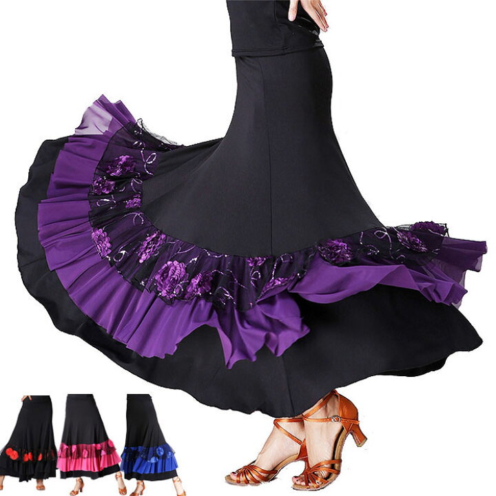 楽天市場 ダンススカート ダンス 衣装 スカート 社交ダンス ロング丈 ストレッチ素材 ウエストゴム ダンス レッスン着 発表会 ステージ 舞台衣装 レッド ブルー パープル ピンク Zacca Clover