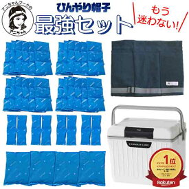 アニちゃんマークのひんやり帽子最強セット【本体＋冷却ジェル＋保冷剤＋クーラーボックスセット】かぶる氷枕 頭 冷やす グッズ 熱中症対策 暑さ対策 冷却帽子 高齢者 氷嚢 頭を冷やす帽子 冷却用帽子 保冷シート ひんやりぼうし 冷却グッズ 大人用 即日発送【送料無料】