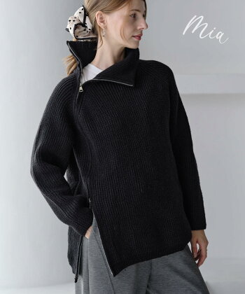 【MIA/ミア】デザインZIPニットPO/ニットセーターレディーストップス長袖タートルネックリラックスチュニックベーシック秋冬