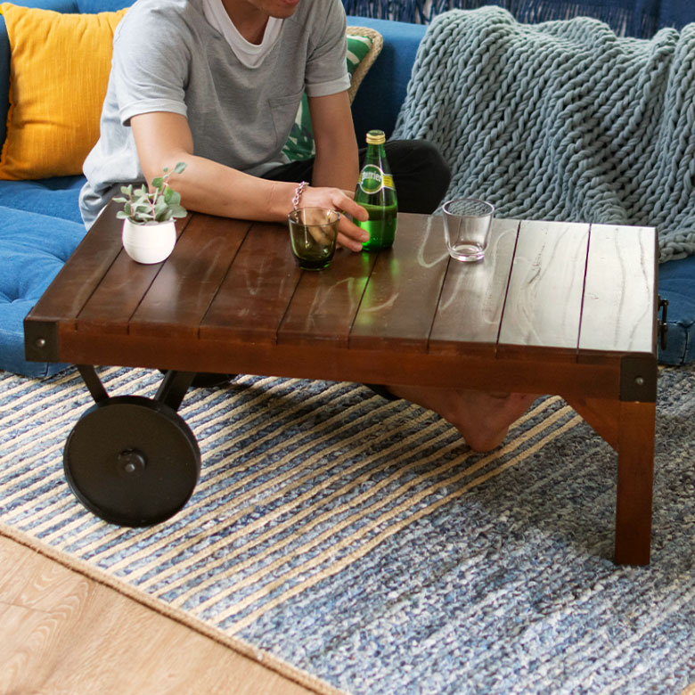 もらって嬉しい出産祝い トロリーテーブル 無垢材 ビンテージ 車輪付き 木製家具レトロ センターテーブル センターテーブル