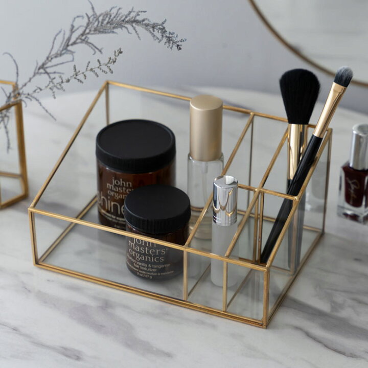 楽天市場 ブラシスタンド コスメ収納 ガラスと真鍮 5分割 約 W 18cm D 13cm H 9cm ガラス スタンド メイクブラシ 収納 ガラスケース アクセサリー収納 ガラスボックス ガラス小物入れ アンティーク 風 ディスプレイ おしゃれ 北欧 韓国 韓国インテリア 西海岸