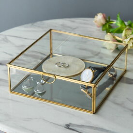 真鍮ガラスケース 蓋つき ふた付き ガラス 真鍮 ゴールド GOLD アクセサリーケース 底面ミラー 見せる収納 ジュエリーボックス アクセサリー ディスプレイ収納 コレクションケース アンティーク 風 高級感 おしゃれ 北欧 Brass 西海岸インテリア ヴィンテージ風 [63170]