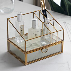 【最大2000円クーポン】 真鍮 ガラス アクセサリーケース 透明 ジュエリーボックス 引き出し ブラシスタンド ゴールド アクセサリー収納 ケース アンティーク リングトレイ ベロアトレイ ガラスケース アクセサリー入れ おしゃれ 北欧 西海岸インテリア 2段[set-67070]