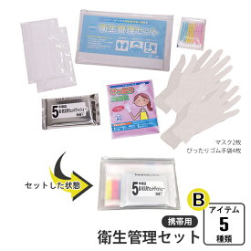 衛生管理セット 携帯用 ケース入り 5種類 綿棒 ウェットティッシュ マスク 手袋 衛生管理 衛生的 感染症対策 飛沫 感染症 予防 緊急 非常時 避難