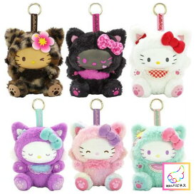 ハローキティ ファインフェイスキャット マスコット キーホルダー ぬいぐるみ ホワイト ミント ピンク ブラック レオパード アニマル サンリオ キャラクター グッズ