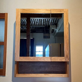 【オーダーメイド・サイズ変更可能】洗面収納棚・二枚合わせ鏡400:200＋下部オープン収納　ヒノキ　ミラーキャビネット【W600　H770　D140】