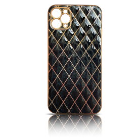 iPhone13 Pro (6.1inch) 背面タイプ ケース カバー メッキ ゴールド タイル風 ツヤツヤ くすみカラー カメラレンズカバー ひし形 ダイヤモンド柄 シンプル 可愛い ブラック