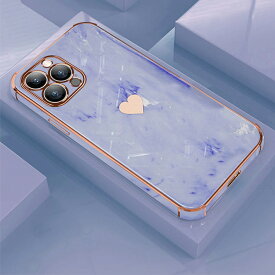 iPhone 12 対応 ケース カバー 背面タイプ ソフト カメラレンズカバー マーブル柄 大理石風 シンプル 光沢 ハート メッキ メタリック パステルカラー くすみカラー かわいい おしゃれ パープル