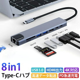 Type C 変換アダプタ 8in1 8ポート usb-c ハブ ドッキングステーション マルチハブ マルチポート4K HDMI出力 PD急速充電 USB3.0 SDカードリーダー TFカードスロットLANポートMacBook/MacBook Pro /Macbook Air/Mate Book/Window/iPad Pro