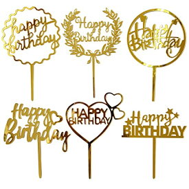6個 Happy Birthdayトッパー お誕生日 パーティー ケーキ デザート 装飾用 お祝い デコレーション ゴールド