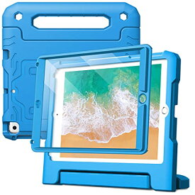 JEDirect 子供用 iPad 9.7インチ ケース (第6/5世代、2018/2017モデル) 液晶保護フィルム付き 耐衝撃 フルボディハンドルスタンド タブレット保護カバー (ブルー)