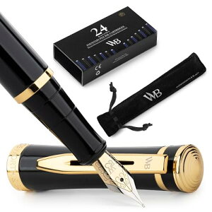 Wordsworth & Black Fountain Pen Set, 18K Glided Medium Nib, Includes 24 Pack Ink Cartridges, Ink Refill Converter & Gift Pouch, Gold Finish, Calligraphy, [Black Gold], Perfect for Men & Women