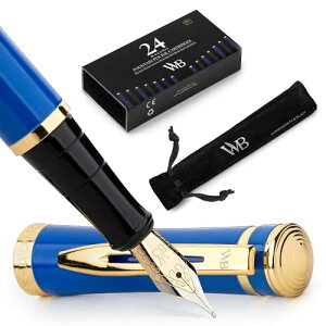 Wordsworth & Black Fountain Pen Set, 18K Glided Medium Nib, Includes 24 Pack Ink Cartridges, Ink Refill Converter & Gift Pouch, Gold Finish, Calligraphy, [Imperial Blue], Perfect for Men & Women