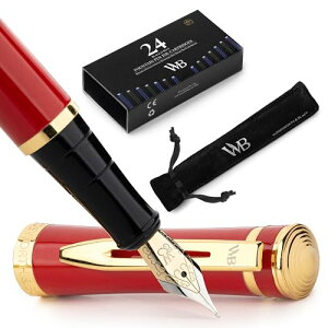 Wordsworth & Black Fountain Pen Set, 18K Glided Medium Nib, Includes 24 Pack Ink Cartridges, Ink Refill Converter & Gift Pouch, Gold Finish, Calligraphy, [Crimson Red], Perfect for Men & Women