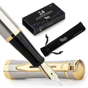 Wordsworth and Black Fountain Pen [Silver Gold]- Luxury Medium Nib Fountain Pen Set Includes 24 Ink Cartridges [Black & Blue], Refillable Fountain Pen Ink Converter