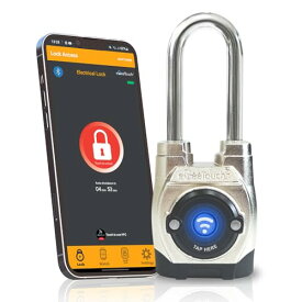 第5世代 完全防水スマートロック Weatherproof, eGeeTouch Rugged Design for Commercial use, Bluetooth + NFC (ロングシャックル) スマホ解錠 コード解錠 カギ共有機能 アクセス履歴 物理カギ不要 スマホカギ 指