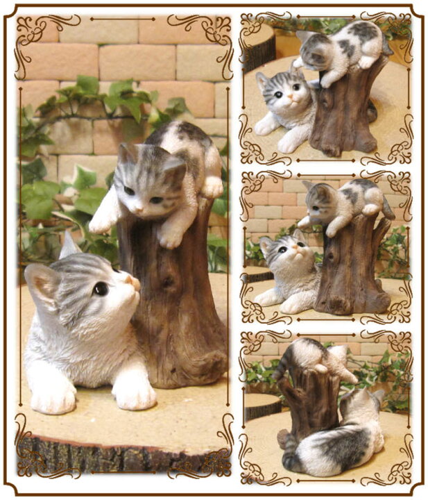 楽天市場】猫 置物 リアル 切り株とねこの親子 ホワイト＆グレー ネコ 