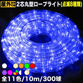 イルミネーション 2芯 丸形 ロープライト チューブライト LED 【全11色】 10m ・ 300球 屋外 屋内 使用可 防滴 コンセント式 点滅8種類 Aコントローラー セット AC100V 50Hz 60HzPSE認証済 文字・図形等の造形 ガーデンライト 間接照明QUALISS (クオリス)
