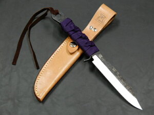 ナイフ 冨田滋作剣鉈 両刃共柄槌目 真田紐巻本革サック付(紫)