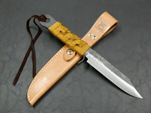 ナイフ 冨田滋作剣鉈 両刃共柄槌目 真田紐巻本革サック付(黄)