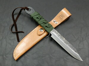 ナイフ 冨田滋作剣鉈 両刃共柄槌目 真田紐巻本革サック付(緑)