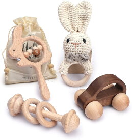 ベビー 木製 ラトル ガラガラ ウサギ 4個セット 赤ちゃん おもちゃ 出産祝い 男の子 女の子 無塗装 幼児 ミニカー ギフト 贈り物 知育玩具