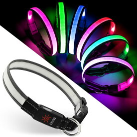 犬 光る首輪、 LED マルチカラー 犬用 7つの点灯モード USB-C充電式、リアルタイムバッテリーインジケーター、防水＆調節可能な光る首輪
