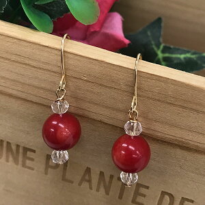 【500円均一】コーラル・珊瑚10mm玉&水晶ビーズピアス